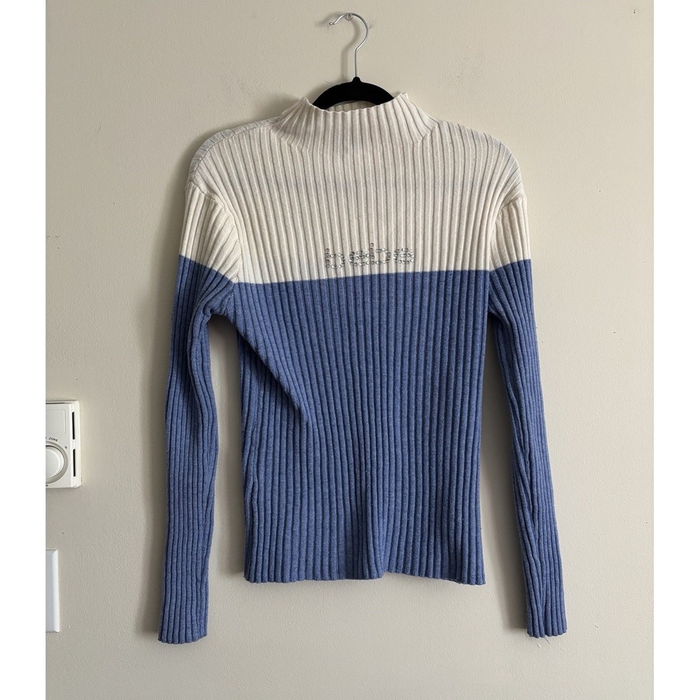 Vintage Y2K Bebe XL Sweater Ribbed Colorblock 2000s Blue Ivory Preppy Rhinestone